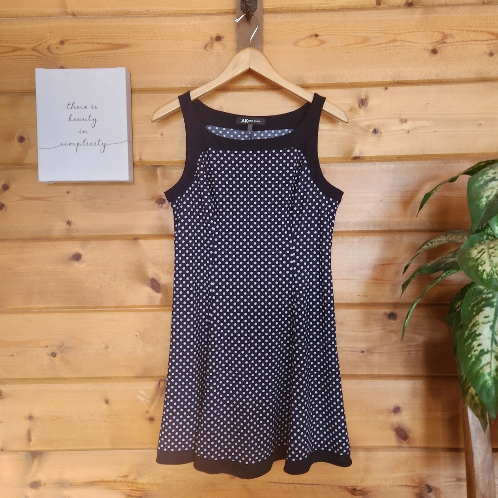 Anne Klein Navy Blue Polka Dot Fit Flare Dress Pleated Sleeveless Petite Size M